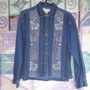 Denim Button Front Top with Embroidered Animals